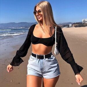 NWT White Fox Boutique Sheer Perfection Long Sleeve Underwire Crop Black Small